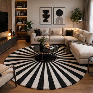 Black and White Round Area Rug, Modern Geometric Circle Carpet, Radial Striped Rug, Contemporary Living Room Decor, Hand tafted rug