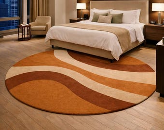 Round Abstract Wave Rug, Terracotta Beige Mid Century Carpet Rug