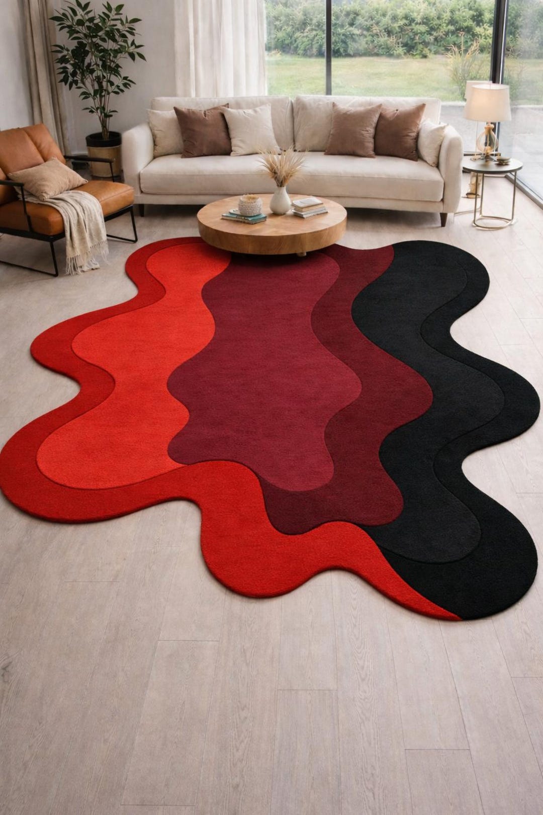 Abstract Wave Area Rug, Red Black Irregular Carpet, Hand Tufted Rug - Etsy