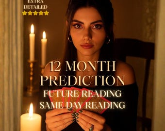 May include: A woman holding tarot cards, lit by candlelight. Text on the image reads "12 MONTH PREDICTION", "FUTURE READING", and "SAME DAY READING". The image has a warm, inviting aesthetic, with a focus on divination and fortune-telling.
