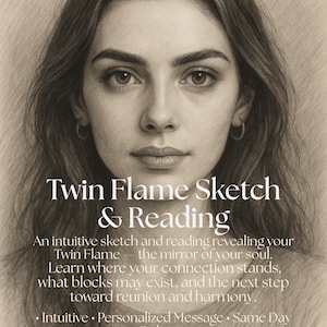 May include: A pencil sketch portrait of a woman with long brown hair and hoop earrings. The text "Twin Flame Sketch & Reading" is displayed above a description of the service, including "Intuitive" and "Personalised Message."