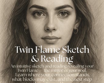 May include: A pencil sketch portrait of a woman with long brown hair and hoop earrings. The text "Twin Flame Sketch & Reading" is displayed above a description of the service, including "Intuitive" and "Personalized Message."