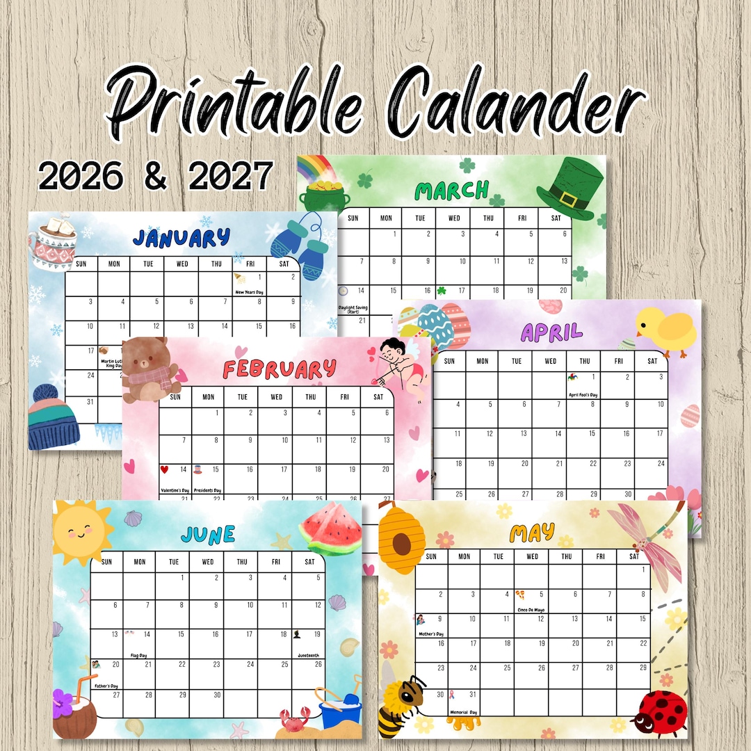 Printable Kids Calendar 2026 2027, Kids Monthly Planner, Printable ...