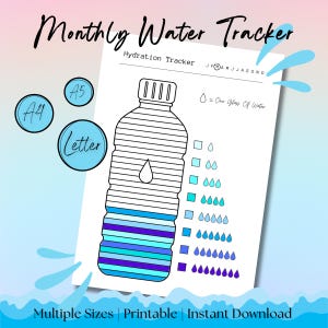 Op de afbeelding: Een afdrukbare watertracker met een grote illustratie van een waterfles. De fles is gevuld met blauwe en paarse strepen. De tekst "Monthly Water Tracker" staat bovenaan. Inclusief formaten A4, A5 en Letter.