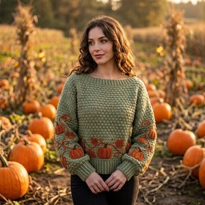 Puede incluir: Un su&eacute;ter de manga larga color verde salvia con un patr&oacute;n de punto texturizado y motivos de calabazas naranjas bordados a lo largo del dobladillo y las mangas, con cuello ancho y pu&ntilde;os acanalados, usado con pantalones oscuros.