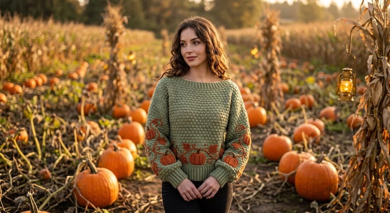 Puede incluir: Un su&eacute;ter de manga larga color verde salvia con un patr&oacute;n de punto texturizado y motivos de calabazas naranjas bordados a lo largo del dobladillo y las mangas, con cuello ancho y pu&ntilde;os acanalados, usado con pantalones oscuros.