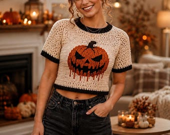 Patrón de suéter de calabaza a crochet / Top de Halloween con forma de calabaza de Halloween (Descarga en PDF)