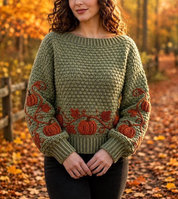 Cozy Pumpkin Sweater Crochet Pattern (PDF), Oversized Textured Pullover, Cottagecore Embroidery
