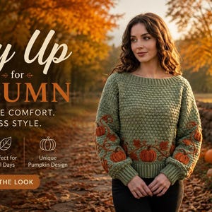 Puede incluir: Un su&eacute;ter de manga larga en color verde salvia con un patr&oacute;n de punto texturizado y motivos de calabazas naranjas bordados en las mangas y el dobladillo. La imagen incluye el texto: Cozy Up for AUTUMN, HANDMADE COMFORT. TIMELESS STYLE.