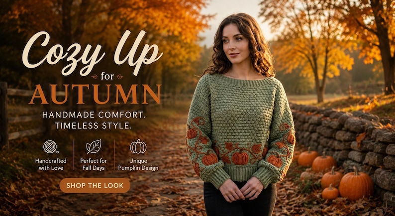 Puede incluir: Un su&eacute;ter de manga larga en color verde salvia con un patr&oacute;n de punto texturizado y motivos de calabazas naranjas bordados en las mangas y el dobladillo. La imagen incluye el texto: Cozy Up for AUTUMN, HANDMADE COMFORT. TIMELESS STYLE.