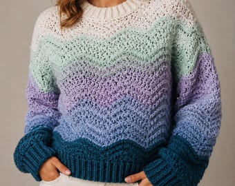 Patrón de ganchillo para suéter Aurora Cascade / Jersey con estampado de chevrón degradado (descarga en PDF)