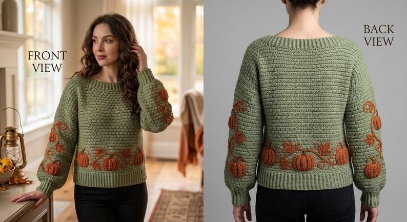 Puede incluir: Un su&eacute;ter de manga larga color verde salvia con un patr&oacute;n de tejido texturizado y calabazas naranjas bordadas con enredaderas y hojas marrones a lo largo del dobladillo y las mangas. La prenda tiene un cuello ancho y pu&ntilde;os acanalados.
