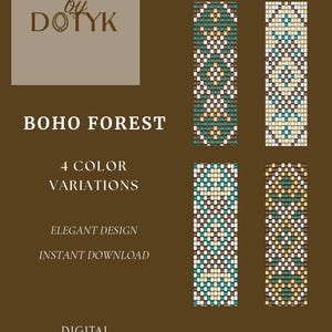 Könnte beinhalten: Digitales Muster "BOHO FOREST" mit vier Farbvarianten. Das Bild zeigt rechteckige Designs in Türkis, Braun und Creme. Der Text enthält "ELEGANT DESIGN" und "INSTANT DOWNLOAD". Das Muster ist als PDF verfügbar.