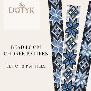 May include: A digital PDF pattern for a bead loom choker, featuring a geometric design in blue, black, and white. The image shows three examples of the pattern. The text reads "BEAD LOOM CHOKER PATTERN" and "SET OF 3 PDF FILES".