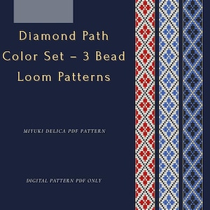 Pode incluir: Um padrão PDF digital para projetos de tear de contas. A imagem apresenta três faixas verticais com padrões de diamantes em vermelho, azul e preto sobre um fundo azul escuro. O texto inclui "Diamond Path Color Set - 3 Bead Loom Patterns."