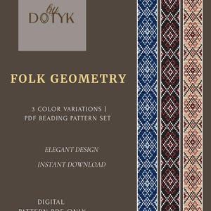 以下が含まれることがあります： 「Folk Geometry」というタイトルのデジタルPDFビーズパターンセット。3つのカラーバリエーションがあります。画像には、青、黒、ベージュの幾何学模様が描かれています。「Elegant Design」と「Instant Download」というテキストが含まれています。