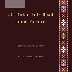 May include: A digital PDF pattern for Ukrainian folk bead loom work. The design features a repeating pattern of geometric shapes in red, white, blue, and green on a dark background. The text includes "by DOTYK" and "MIYUKI DELICA PDF PATTERN."