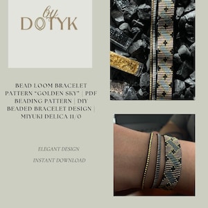 May include: A beaded bracelet pattern called "Golden Sky" is displayed, along with a finished bracelet. The bracelet features a geometric design with gold, black, and teal beads. The image also includes the text "by DOTYK" and "Elegant Design, Instant Download."