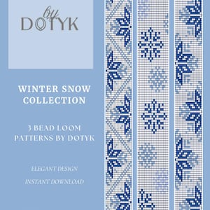Puede incluir: Patrón PDF digital para proyectos de telar de abalorios. El diseño presenta una colección de nieve de invierno con patrones de copos de nieve azules y blancos. El texto dice "Winter Snow Collection" y "3 Bead Loom Patterns by Dotyk."