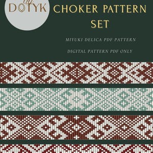 May include: Digital PDF pattern set for beaded chokers. The image shows geometric patterns in white, brown, and teal. Text includes "FOLK GEOMETRY CHOKER PATTERN SET" and "MIYUKI DELICA PDF PATTERN".