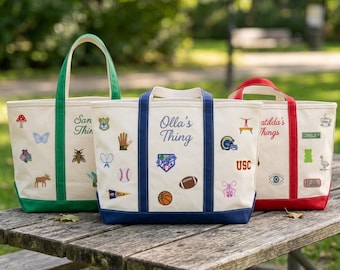 Custom Embroidered Icon and Initals Tote Bag, Back to School Boat Tote Gift