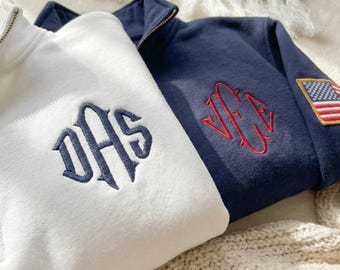 Personalize your J.E.E Epstein 1/4 zip-up sweatshirt with embroidered name, personalize your sleeve flag, JEE monogram embroidered t-shirt