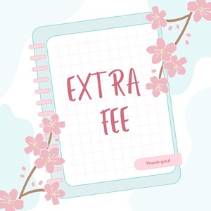 May include: A light blue notepad with the words "EXTRA FEE" in pink. Pink cherry blossom branches frame the notepad. A small pink rectangle at the bottom right says "Thank you!"