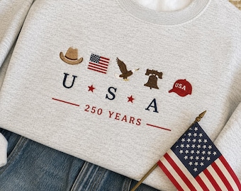 USA Embroidered Icons Crewneck Sweatshirt, 250th Anniversary America Sweatshirt, 4th of July crewneck, Country, Western, Cowboy Sweatshirt