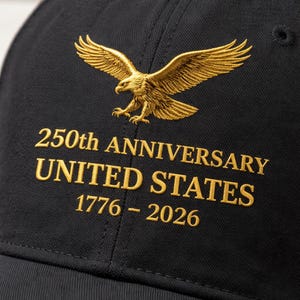 K&ouml;nnte beinhalten: Schwarze Baseballkappe mit goldgesticktem Adler und dem Text: "250th ANNIVERSARY UNITED STATES 1776-2026." Die Kappe hat einen gebogenen Schirm und einen Knopf oben. Der Adler ist mit ausgebreiteten Fl&uuml;geln dargestellt.