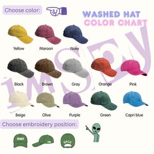 K&ouml;nnte beinhalten: Eine Farbkarte f&uuml;r gewaschene H&uuml;te in verschiedenen Farben, darunter Gelb, Bordeaux, Marineblau, Schwarz, Braun, Grau, Orange, Pink, Beige, Olive, Lila, Gr&uuml;n und Capri-Blau. Stickpositionen sind ebenfalls abgebildet.