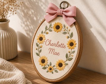 Custom Embroidered Sunflower Baby Name Hoop, Floral Baby Announcement Sign, Honey Bee Baby Embroidery Hoop, New Born Gift, Baby Shower Gift