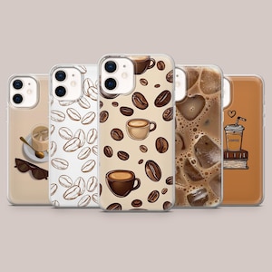 May include: A collection of phone cases with coffee-themed designs. The cases feature illustrations of coffee beans, coffee cups, and iced coffee. The color palette includes shades of brown, beige, and white, creating a warm and inviting aesthetic.