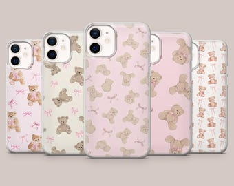 かわいいクマのスマホケース テディベア コケットカバー iPhone 17Pro、16、15、14、13、12、Samsung S26、S25、S24、S23Fe、A16、A56、Pixel 10、9Pro対応