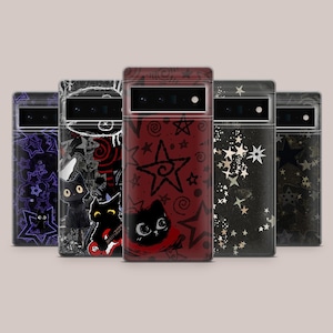 May include: A collection of five phone cases with unique designs. The cases feature various patterns, including stars, cats, and abstract art, in colors like black, red, and purple. Each case has a camera cutout and a sleek, modern design.