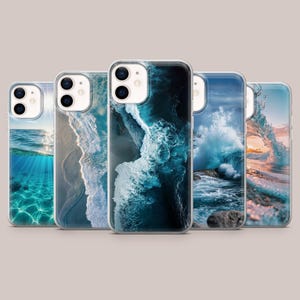 May include: A collection of five phone cases with ocean-themed designs. Each case features a different image of the sea, including waves, underwater scenes, and coastal views. The cases are clear with a glossy finish.