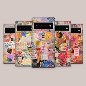 May include: Five phone cases with vibrant collage designs. Each case displays a unique combination of images, text, and illustrations, including a sun, flowers, and the text "It's already yours". The cases are designed for a specific phone model.