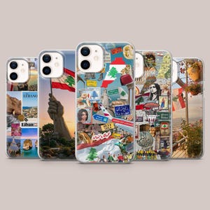May include: A set of iPhone cases with collage designs themed around Lebanon. The cases showcase images of the Lebanese flag, landmarks, and text in Arabic and English. The cases are in various colours and styles.