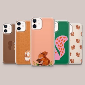 May include: A collection of five phone cases with various squirrel designs. The cases feature different colors, including brown, orange, and green. Some cases have a solid color, while others display squirrel illustrations and patterns.