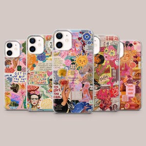 May include: A collection of five phone cases with colorful collage designs. Each case features a unique mix of images, text, and illustrations, including a sun, flowers, and portraits. The cases are designed to fit a smartphone.
