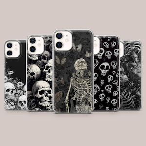 May include: A collection of five phone cases with various gothic-themed designs. The cases feature images of skulls, skeletons, and floral patterns in black and white. The cases are designed to fit a smartphone.