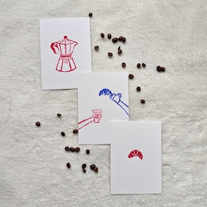 Handtryckt kaffe Lino konstset – Mokakanna, Croissant, Baristapresent, Köksdekor