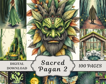 Sacred Pagan Junk Journal, Grimoire, Green Witch, Mystic Moon, Witch Pages, Digital Collage, Scrapbook Printables, Collage Sheet, Part 2