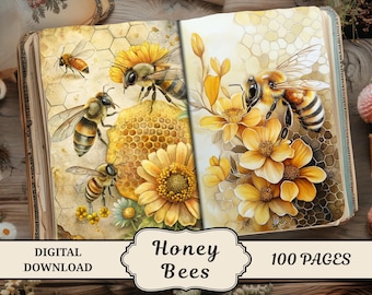 Honey Bees Junk Journal Pages, Vintage Printables, Scrapbooking, Honey Bee, Ephemera, Yellow Flower, Collage Papers, Yellow Floral
