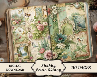 Zestaw do dziennika Shabby Celtic Skinny Junk, strony do scrapbookingu, papier cyfrowy vintage, Cottagecore, Shabby Chic, artykuły do dziennika Junk, zielony