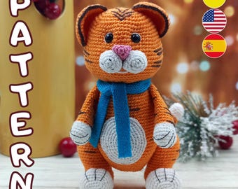 Virkmönster för Amigurumi-leksak Tiger Alvin PDF (Språk: engelska, tyska, spanska)