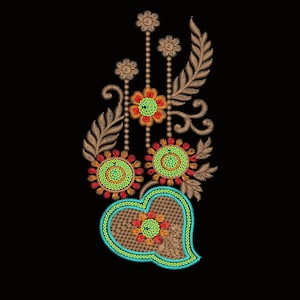 Peut inclure: Un motif de broderie présentant une forme de cœur à la base avec un remplissage texturé marron clair et une bordure turquoise vif. Au-dessus, trois fleurs circulaires aux centres en sequins verts et pétales orange sont entourées de feuilles marron.