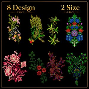 May include: A digital collection of 8 floral and botanical embroidery designs on a black background. The text 8 Design and 2 Size appears at the top. The patterns include various colourful flowers, wheat stalks, and intricate leaf motifs in vibrant hues.