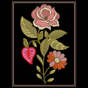 May include: An embroidery design featuring a large pink rose with cream highlights, a smaller orange and pink daisy-like flower, and a heart-shaped leaf with pink and red stitching, all connected by green stems and detailed olive green leaves.
