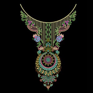 May include: An intricate embroidery neckline design featuring a central circular mandala motif surrounded by floral patterns in shades of turquoise, pink, and green, accented with gold thread lines and small dots against a solid black background.