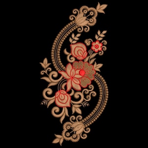 May include: An embroidered floral design featuring beige and red flowers, leaves, and swirling patterns on a black background. The design has a symmetrical, flowing shape with detailed stitching and a decorative border.